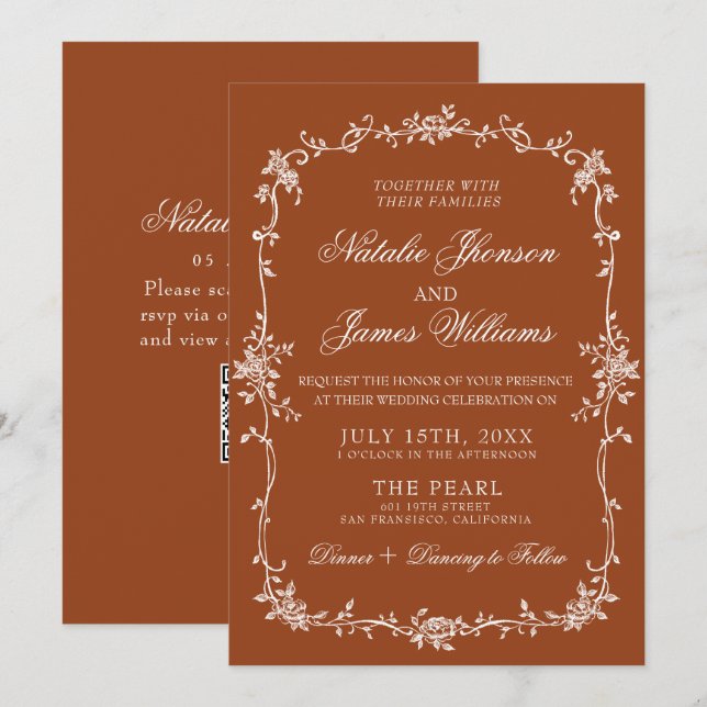 Invitation Burnt Orange Floral Terracotta QR Code Wedding (Devant / Derrière)