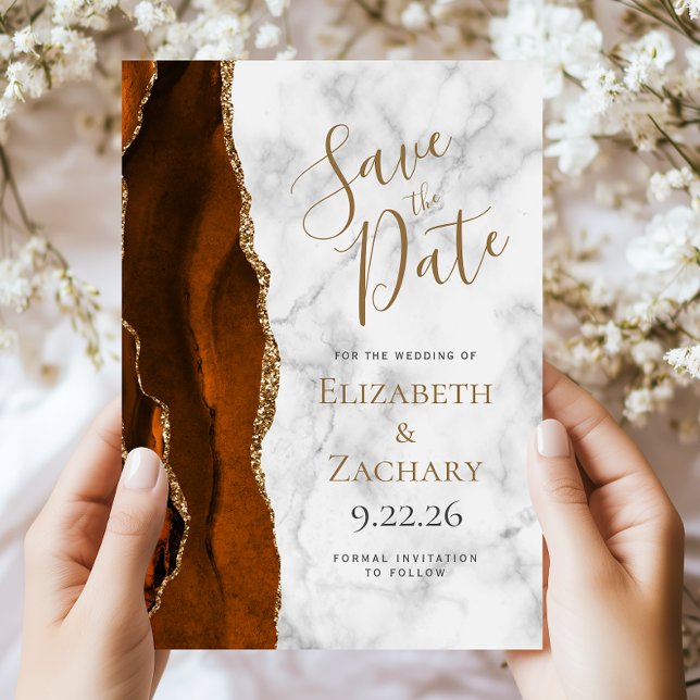 Invitation Burnt Orange Gold Agate Marble Save the Date Card (Créateur téléchargé)