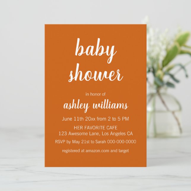 Invitation Burnt Orange Moderne Élégant Baby shower Invitatio (Debout devant)