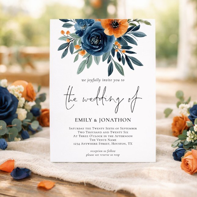 Invitation Burnt Orange Navy Florals QR Code Wedding (Créateur téléchargé)
