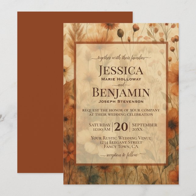Invitation Burnt Sienna Boho Chic Wildflowers Stylish Wedding (Devant / Derrière)