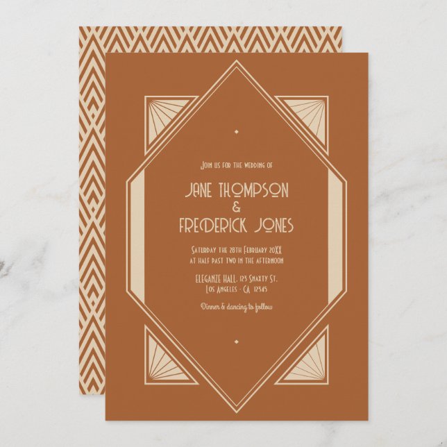 Invitation Burnt Sienna & Desert Taupe Art Deco Wedding Photo (Devant / Derrière)