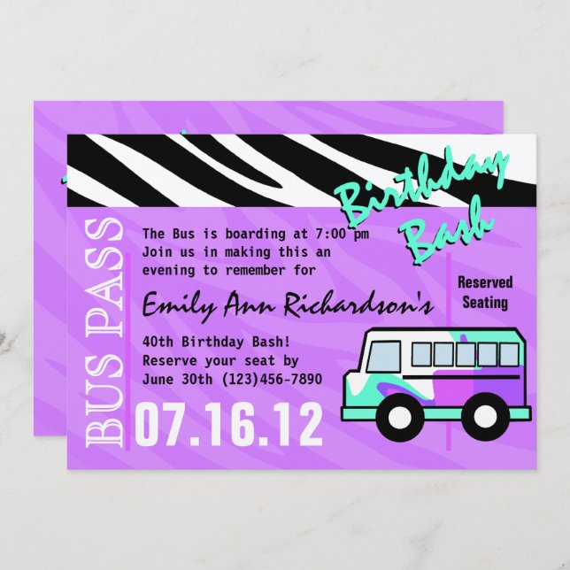 Invitation Bus de fête Anniversaire Bash (Devant / Derrière)