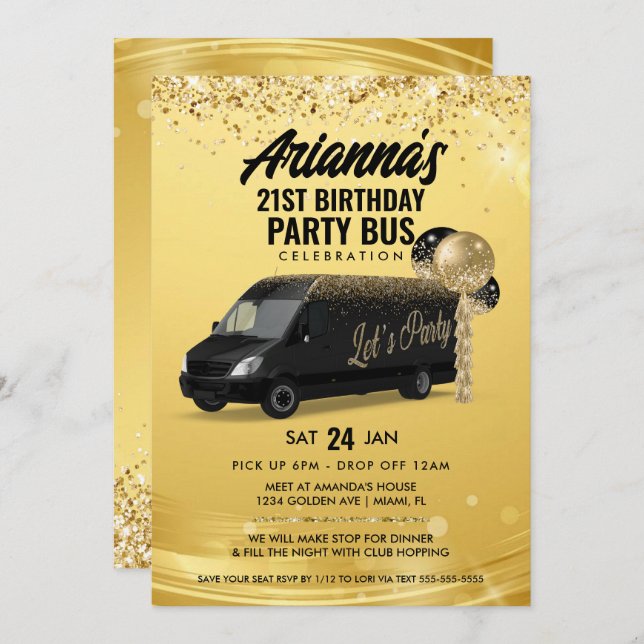 Invitation Bus de fête noir et or (Devant / Derrière)