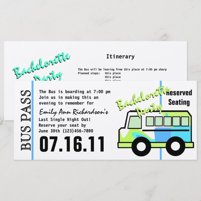 Invitation Bus de passage pour l'enterrement de vie de jeune  (Devant / Derrière)