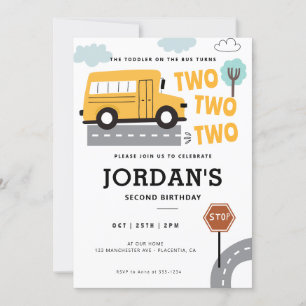 Invitation Bus scolaire Deuxième anniversaire Roues à la fête