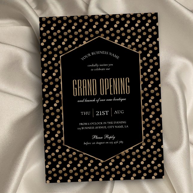 Invitation Business Grand Ouverture Chic Black & Gold Glitter (Black and gold glitter business invitation with elegant fonts, minimal layout and faux gold effects)