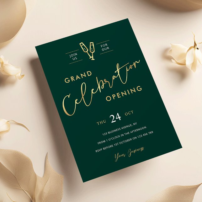 Invitation Business Grand Ouverture Chic Emerald Vert & Or (Elegant and chic emerald green and gold business grand opening invitation)