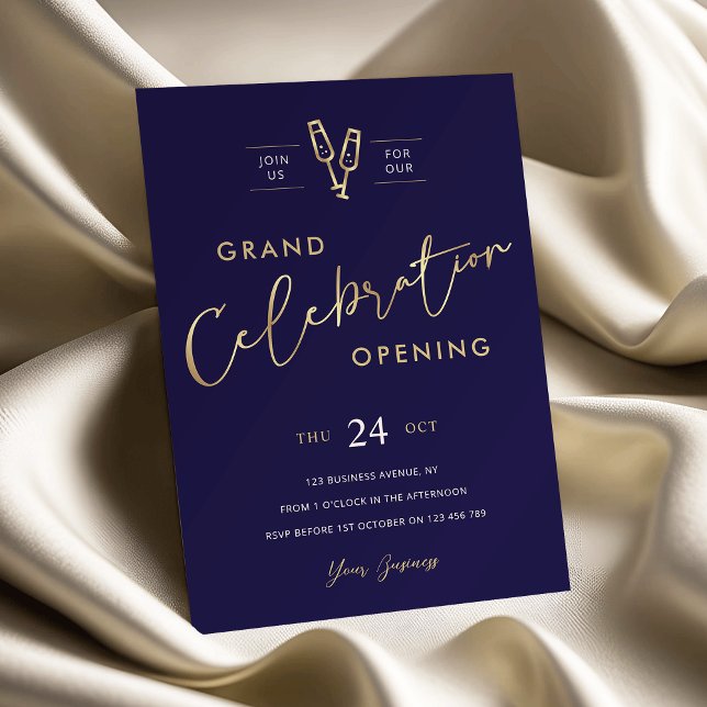 Invitation Business Grand Ouverture Chic Marine Bleu & Faux O (Elegant navy and faux gold business grand opening invitation)