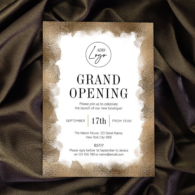 Invitation Business Grand Ouverture Gold Parties scintillant  (Professional business grand opening invitations with gold glitter and fully editable text & logo)