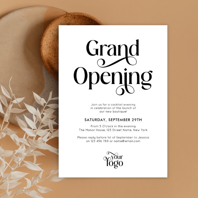 Invitation Business Grand Ouverture Moderne Script Logo Éléga (Stylish Business Grand Opening Event Invitations featuring swirly serif fonts and a modern layout)
