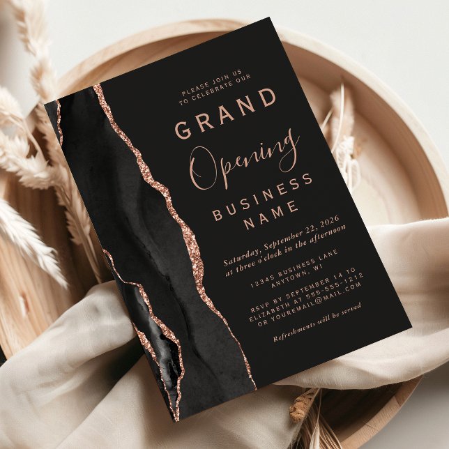 Invitation Business Grand Ouverture Noir Rose Or Agate Sombre (Créateur téléchargé)