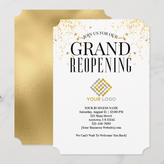 Invitation Business Grand Réouverture Logo Faux Gold Confetti (Devant / Derrière)