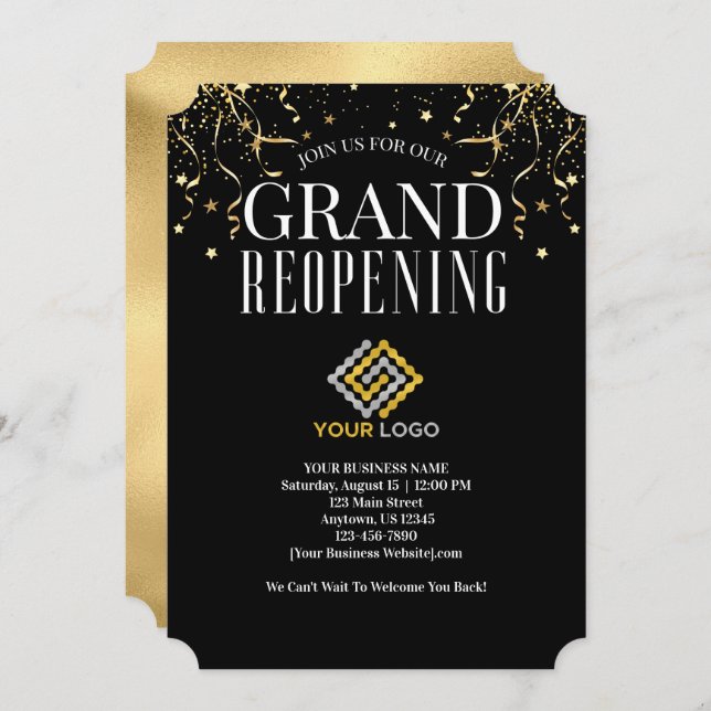Invitation Business Grand Réouverture Logo Faux Gold Confetti (Devant / Derrière)