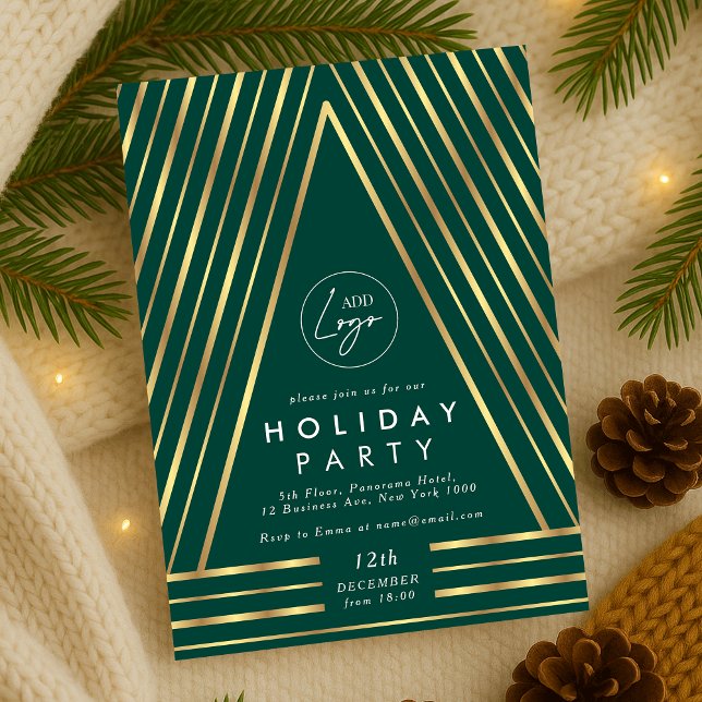 Invitation Business Logo Green & Gold Christmas Staff Party (Modern emerald green and gold Christmas Party Business Logo Invitation)