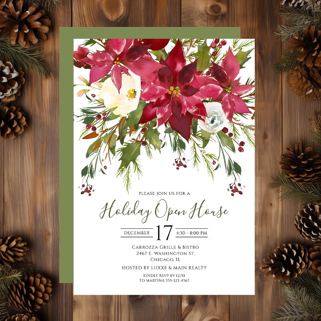 Invitation Business Watercolor Poinsettias Holiday Open House (Créateur téléchargé)