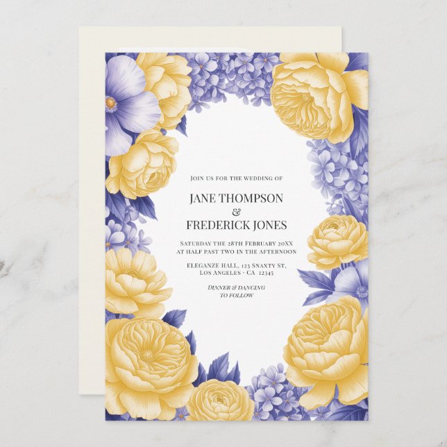 Invitation Butter Yellow and Periwinkle Floral Wedding Photo (Devant / Derrière)