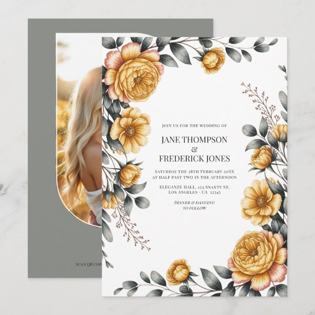 Invitation Butter Yellow & Dove Gray Botanical Floral Wedding (Devant / Derrière)