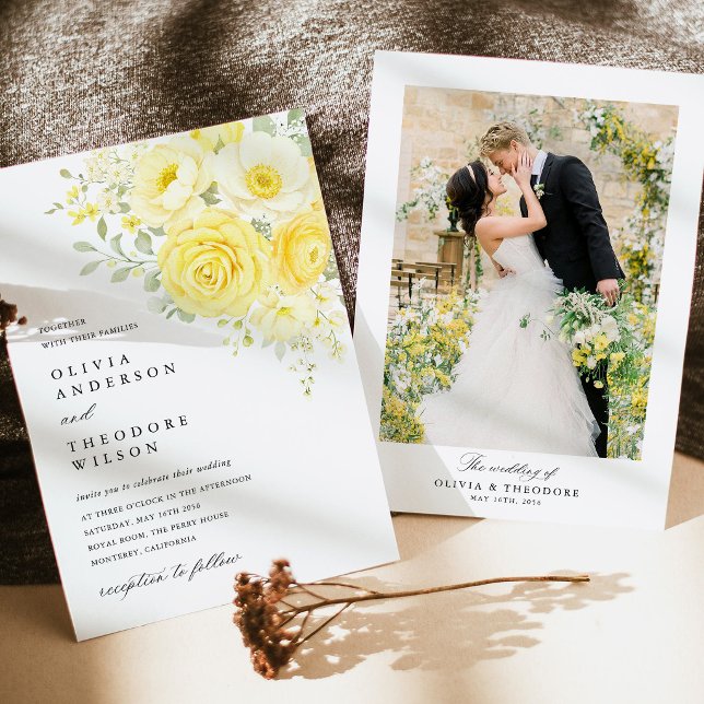Invitation Butter Yellow Ivory Floral Photo Wedding (butter yellow photo back wedding invitation ivory floral yellow rose wedding invitation stationery)