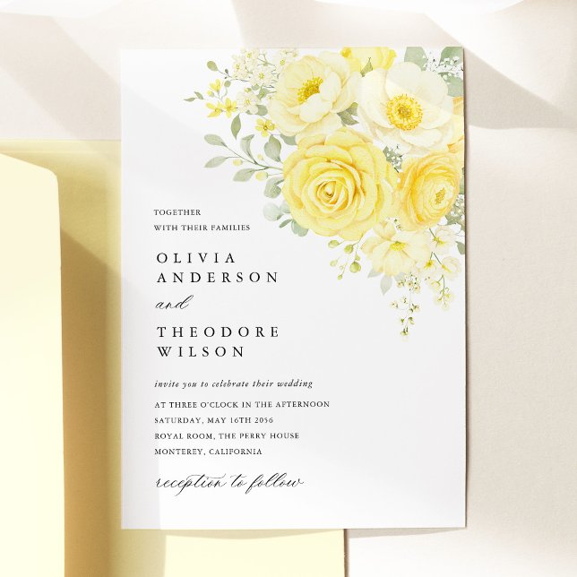 Invitation Butter Yellow Ivory Floral Wedding (butter yellow ivory floral wedding invitation yellow rose invitation elegant wedding stationery)