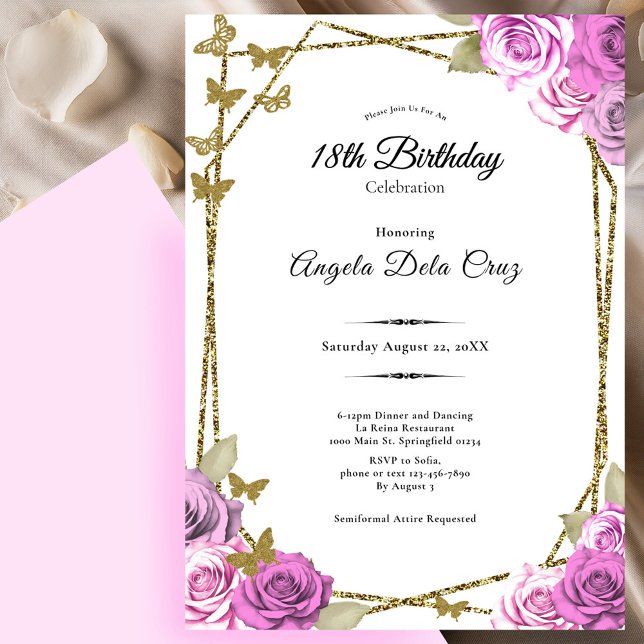 Invitation Butterflies and Pink Roses 18th Debut Birthday (Créateur téléchargé)