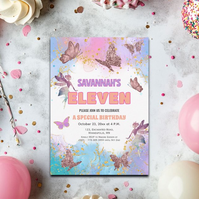 Invitation Butterflies Fairy Gold Glitter 11th Birthday Party (Créateur téléchargé)