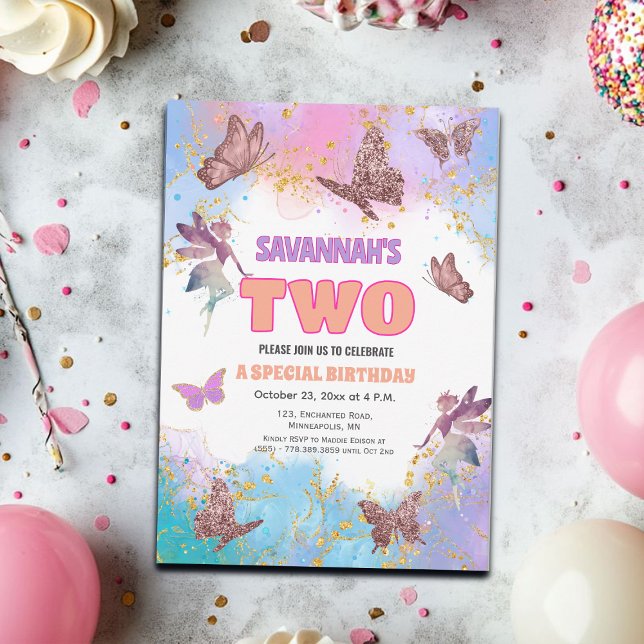Invitation Butterflies Fairy Gold Glitter 2nd Birthday Party (Créateur téléchargé)