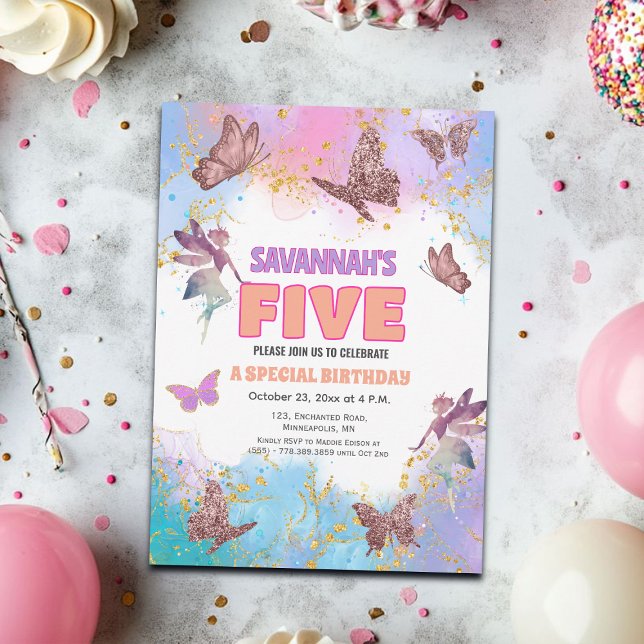 Invitation Butterflies Fairy Gold Glitter 5th Birthday Party (Créateur téléchargé)