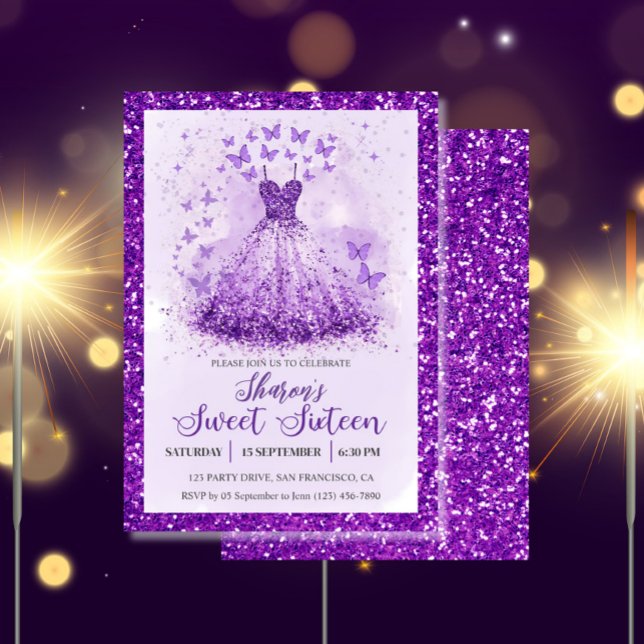 Invitation Butterfly Dance Glitter Purple Dress Sweet 16  (Sweet 16 Butterflies Dress Party Invitation)