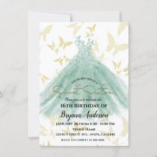 Invitation Butterfly Dance Green Dress Gold Sweet 16 Party in