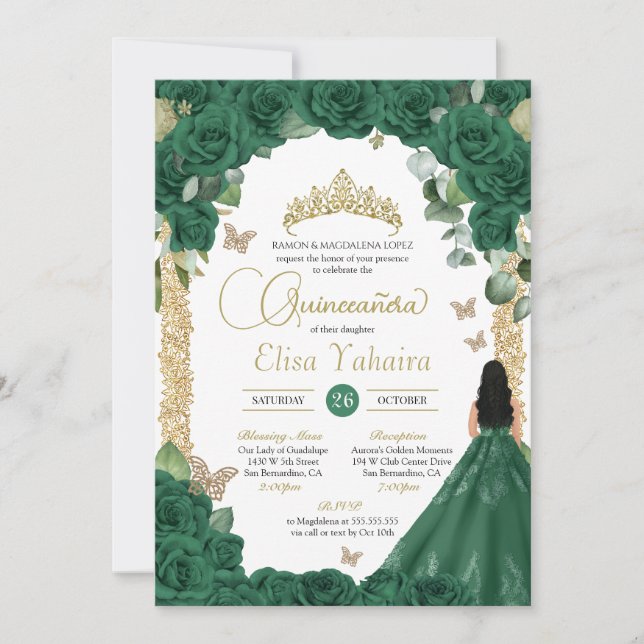 Invitation Butterfly Emerald Green Gold Princess Quinceanera (Devant)