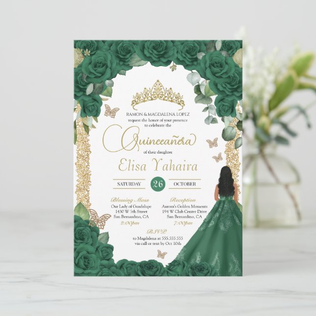 Invitation Butterfly Emerald Green Gold Princess Quinceanera (Debout devant)