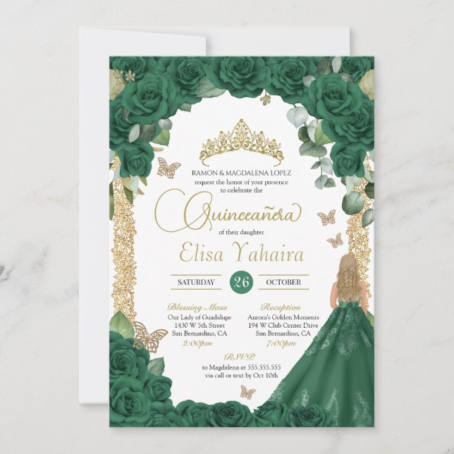 Invitation Butterfly Emerald Green Princess Quinceanera (Devant)