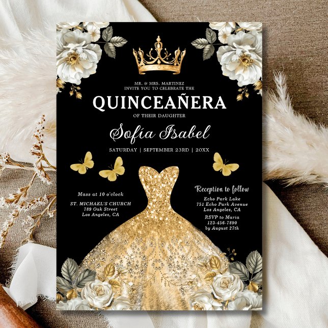 Invitation Butterfly Floral Gold Princess Quinceanera (Créateur téléchargé)