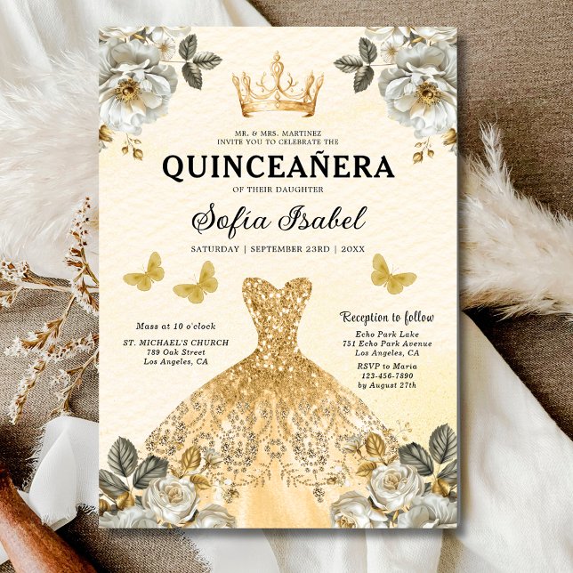 Invitation Butterfly Floral Gold Princess Quinceanera (Créateur téléchargé)