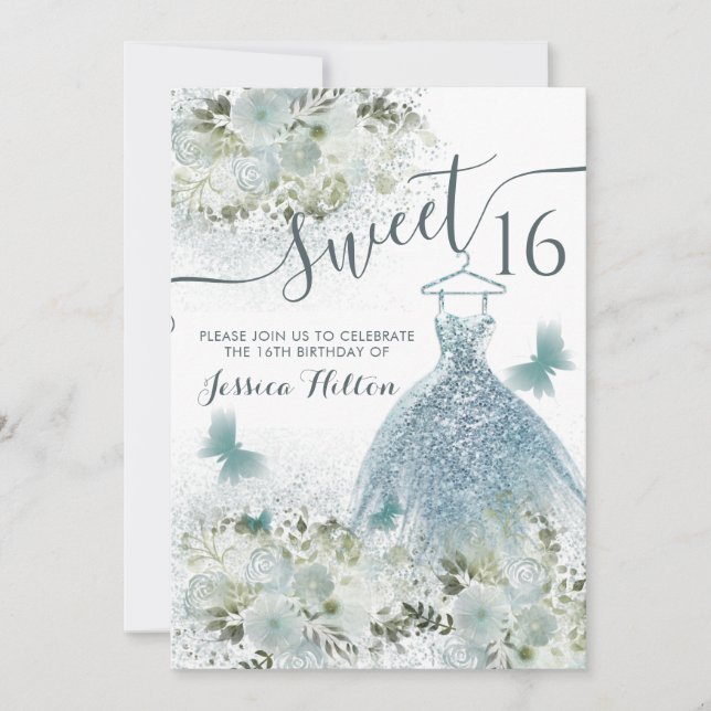 Invitation Butterfly floral jardin bleu robe sweet sixteen (Devant)