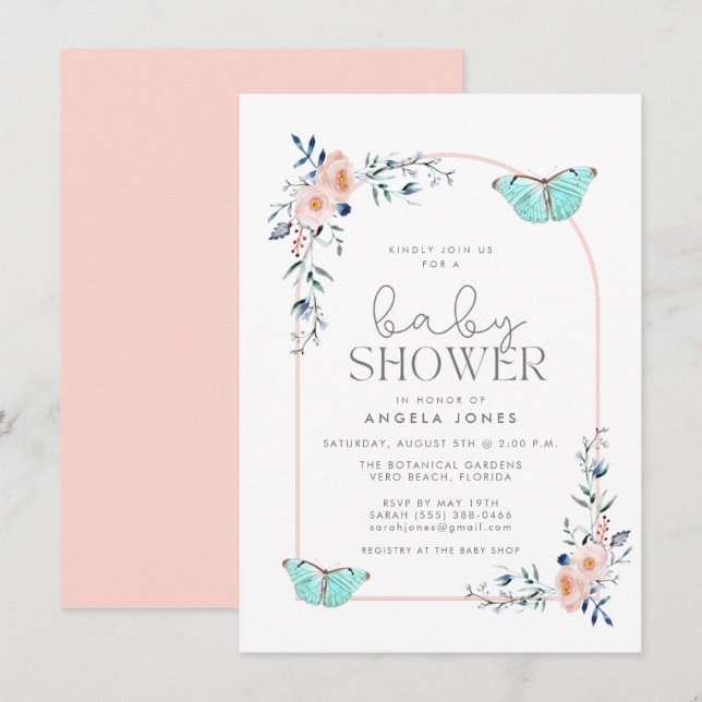Invitation Butterfly Floral Whimsical Girl Baby shower (Devant / Derrière)