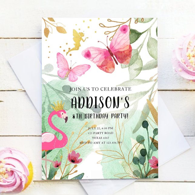 Invitation Butterfly Garden Flamant rose Fairy Flowers Annive (Créateur téléchargé)