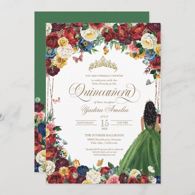 Invitation Butterfly Garden Green Gown Royal Red Quinceanera (Devant / Derrière)