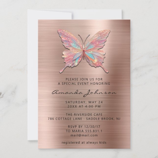 Invitation Butterfly Girl Sweet 16ème Rose Royal brossé métal (Devant)