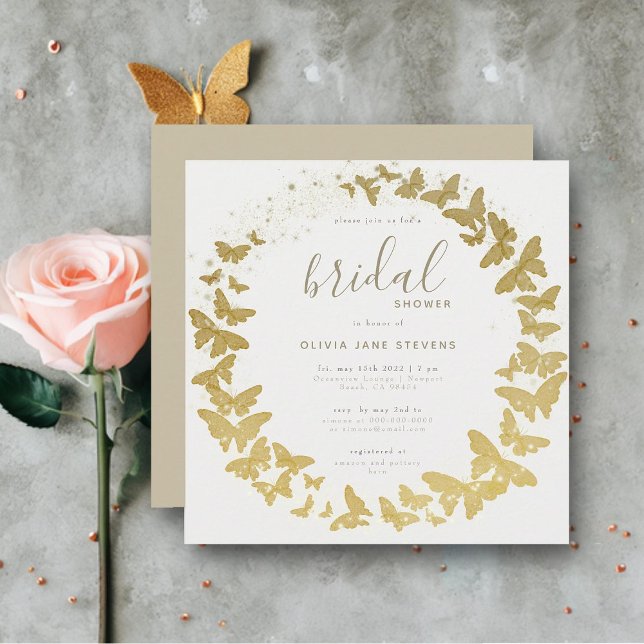 Invitation Butterfly Gold Elegant Boho Classic Fête des marié (gold butterflies elegant bohemian modern romantic frame bridal shower invitation chic calligraphy)
