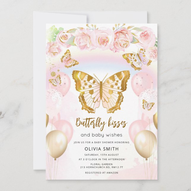 Invitation Butterfly Kisses Baby Wishes Floral Baby Shower (Devant)