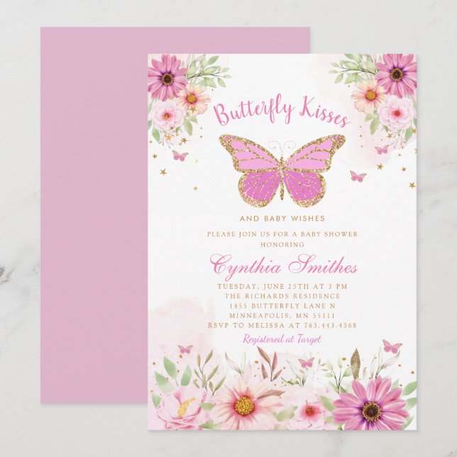 Invitation Butterfly Kisses or rose florale Baby shower fille (Devant / Derrière)