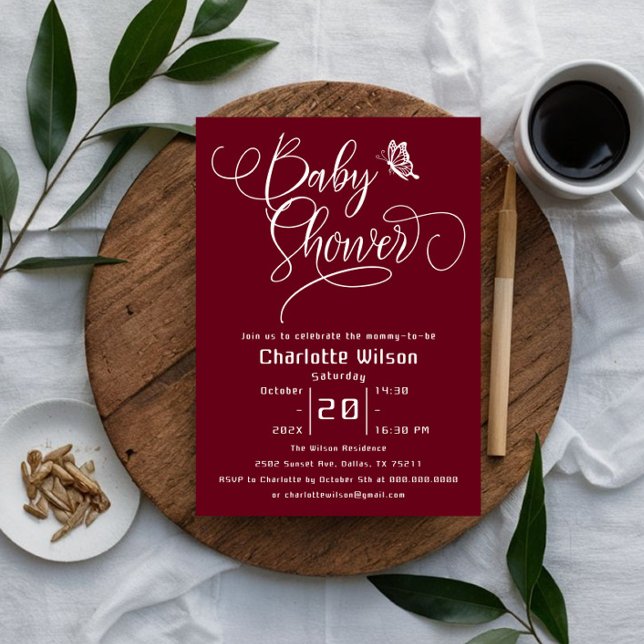 Invitation Butterfly Modern Minimal Deep Burgundy Baby Shower (Créateur téléchargé)
