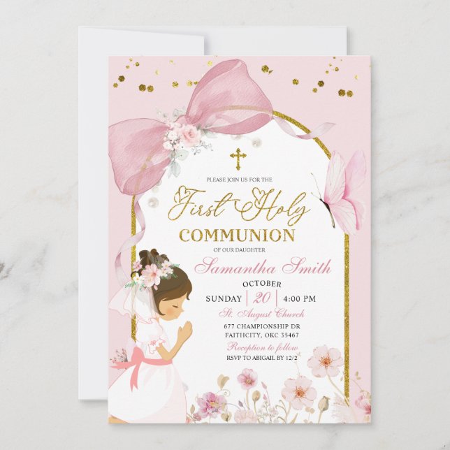 Invitation Butterfly Pink Coquette Girl First Holy Communion (Devant)