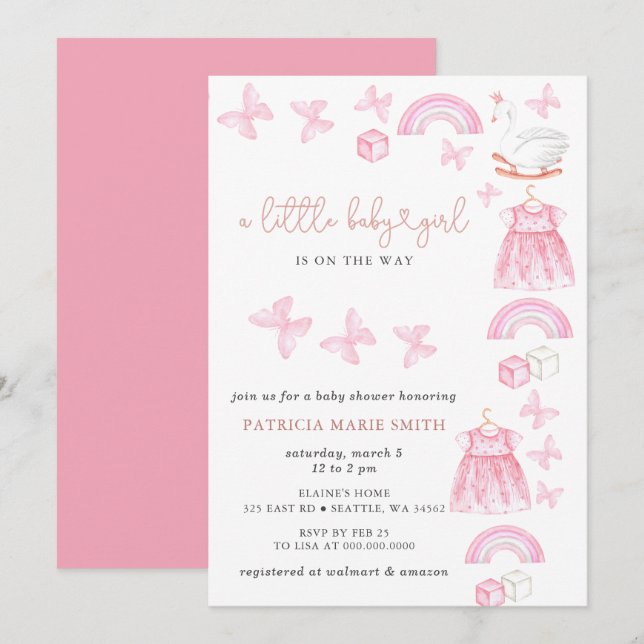 Invitation Butterfly Swan Princess Pink Girl Baby Shower (Devant / Derrière)