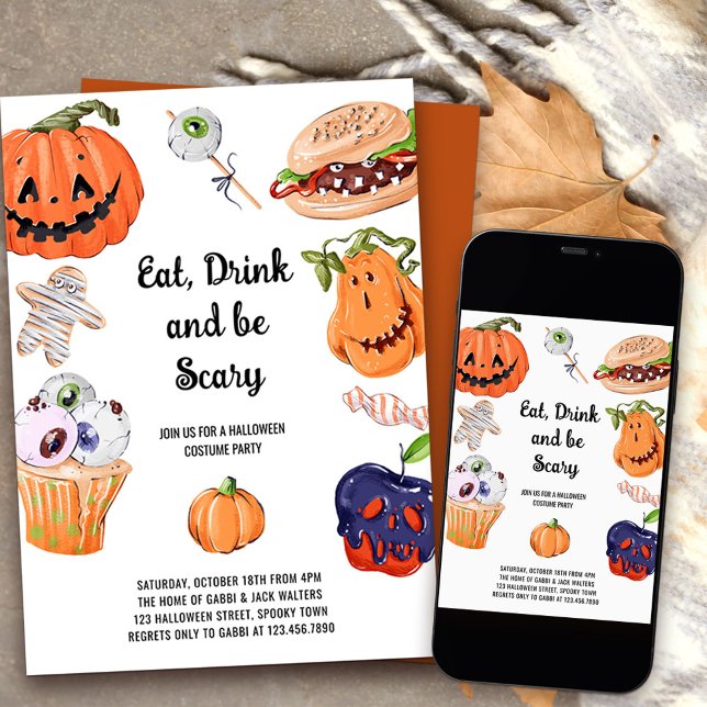 Invitation Buvez un verre et soyez effrayant Halloween Costum (Eat Drink and be Scary halloween costume party invitation)