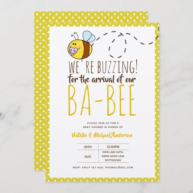 Invitation BUZZING Pour l'ARRIVÉE de BA BEE Baby shower Jaune (Devant / Derrière)