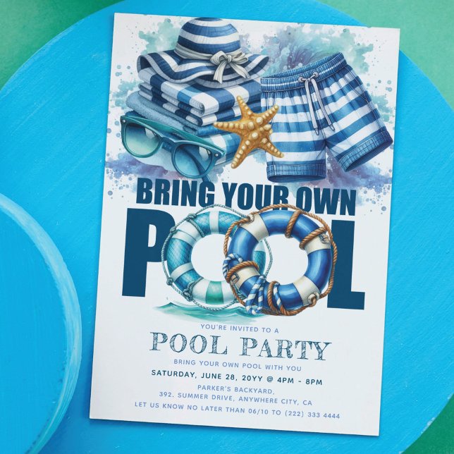 Invitation BYO Pool Summer Party Blue Turquoise Aquarelle (Créateur téléchargé)