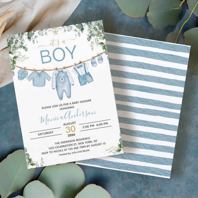 Invitation C’est un Baby shower en étoffe bleu Boho Boy (It’s a Boy Blue Clothes Greenery Baby Shower Invitation)